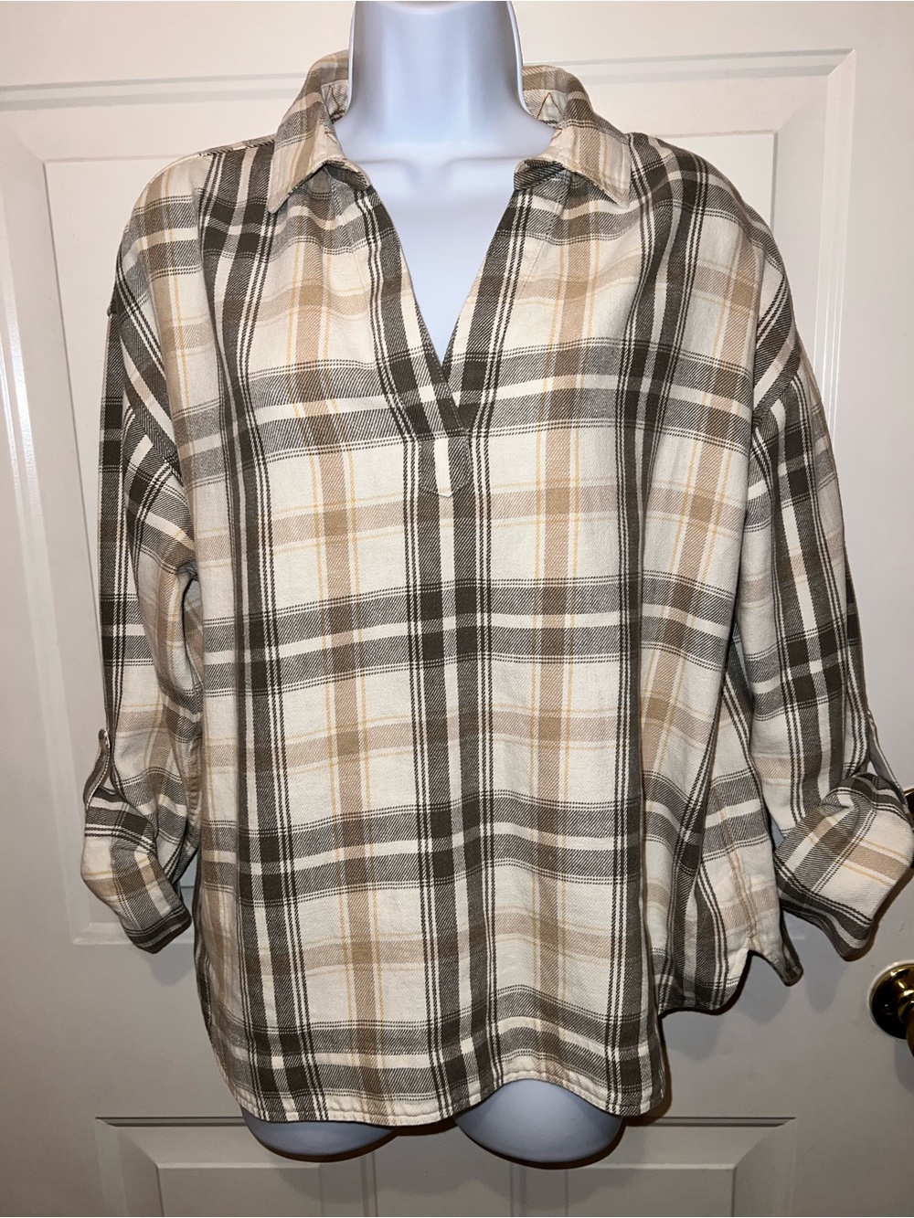 LL Bean signature Plaid V-Neck Tunic Top in Cream and Brown
